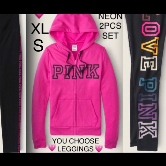 NEW VICTORIAS SECRET PINK FULL ZIP HOODIE & LEGGINGS SET. NEON FUSHIA PINK - Picture 3 of 13